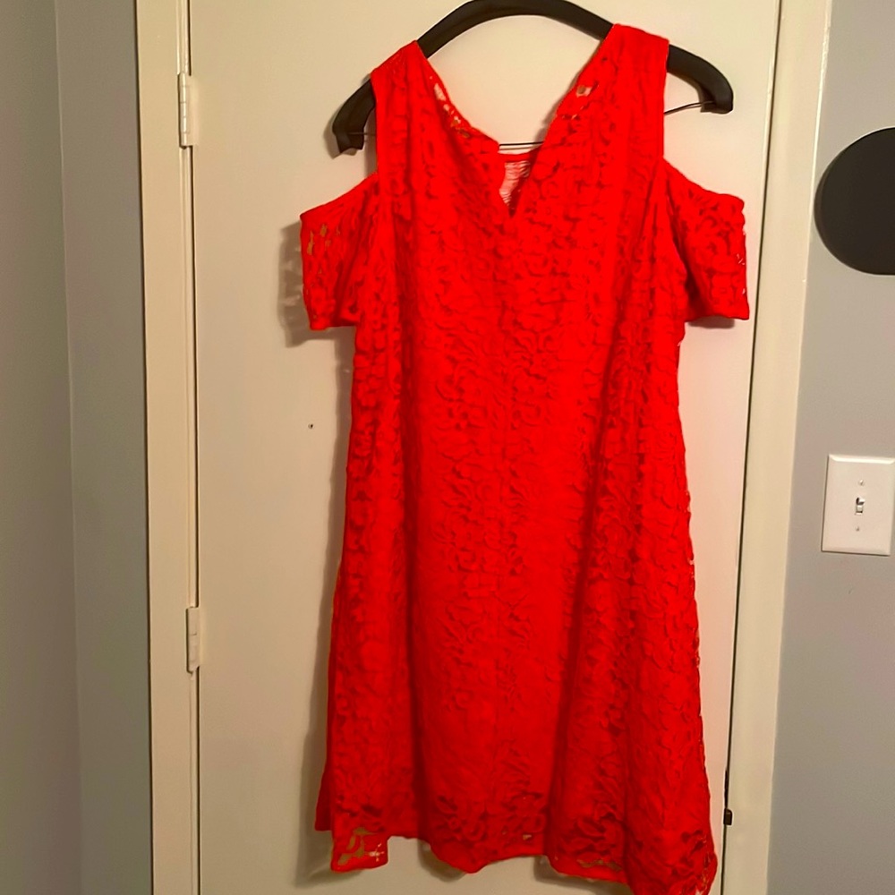 Orange red floral A-Line linen dress, great condition, fall color, wore once
